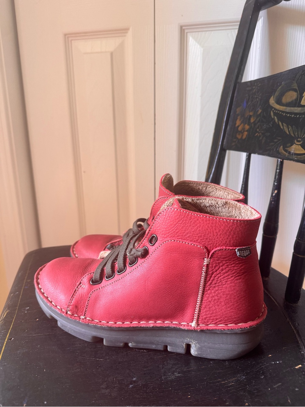 Onfoot Red Leather Ankle Booties with Lace-Up Detail